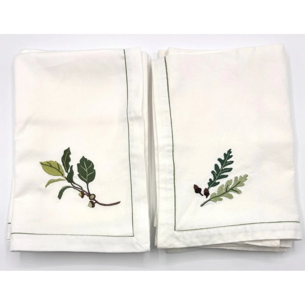 Crate & Barrel Embroidered SET of 6 Acorn Dinner Napkins PLUS Holders Rings